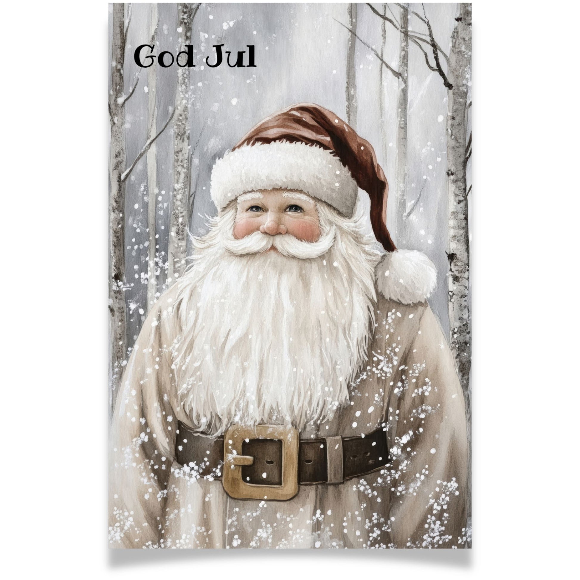 Julekort med julenisse i brun drakt i vinterlandskap – Cozy Winter Story Collection