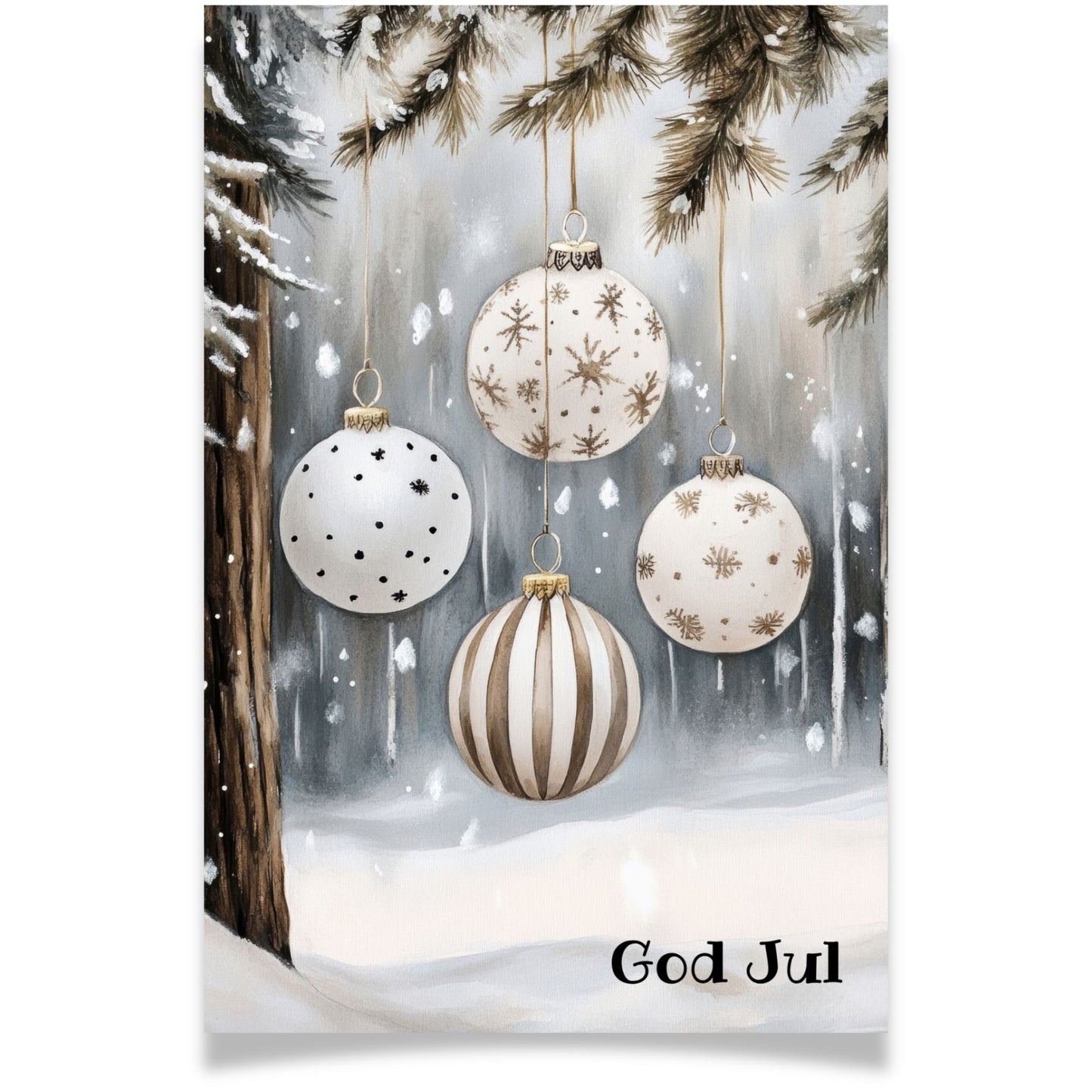 Julekort med hengende julekuler i gull og hvitt – Cozy Winter Story Collection