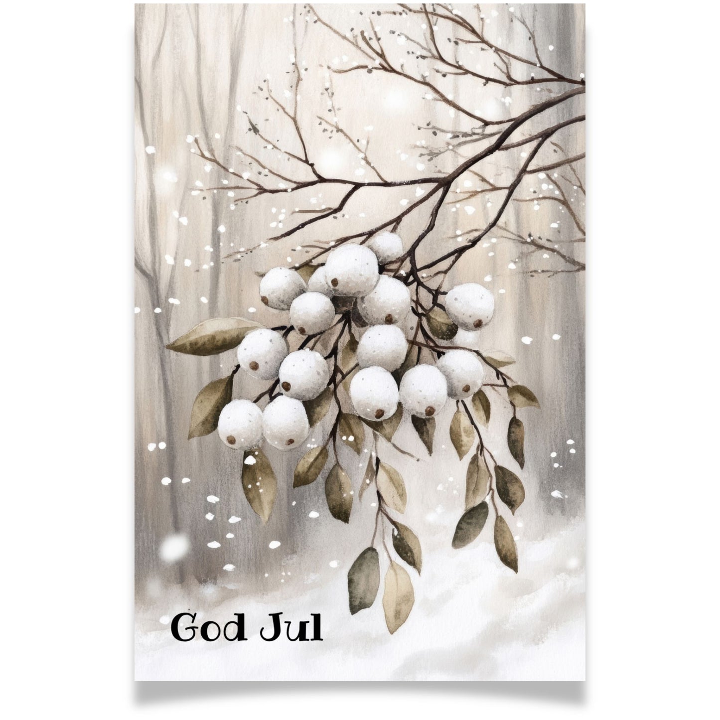 Julekort med snøhvite bær på gren – Cozy Winter Story Collection