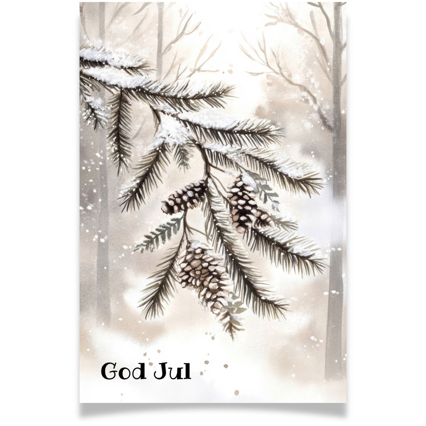 Julekort med granbar og kongler i snø – Cozy Winter Story Collection