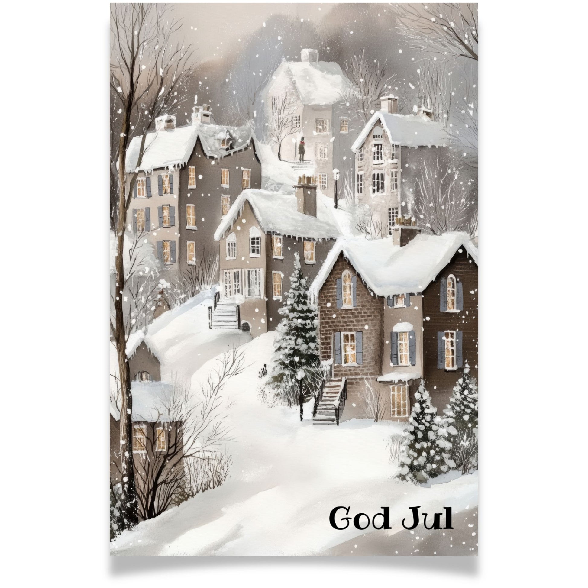 Julekort med snødekket vinterby og tente vinduer – Cozy Winter Story Collection