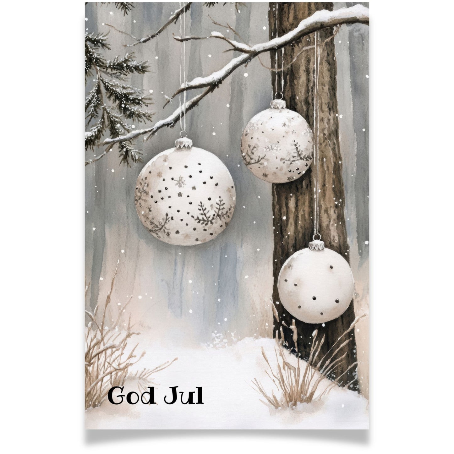 Julekort med hvite julekuler hengende på snødekket gren – Cozy Winter Story Collection