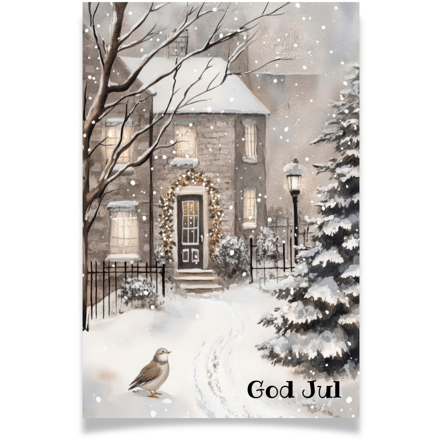 Julekort med vinterhus, snø og liten fugl ved inngangen – Cozy Winter Story Collection