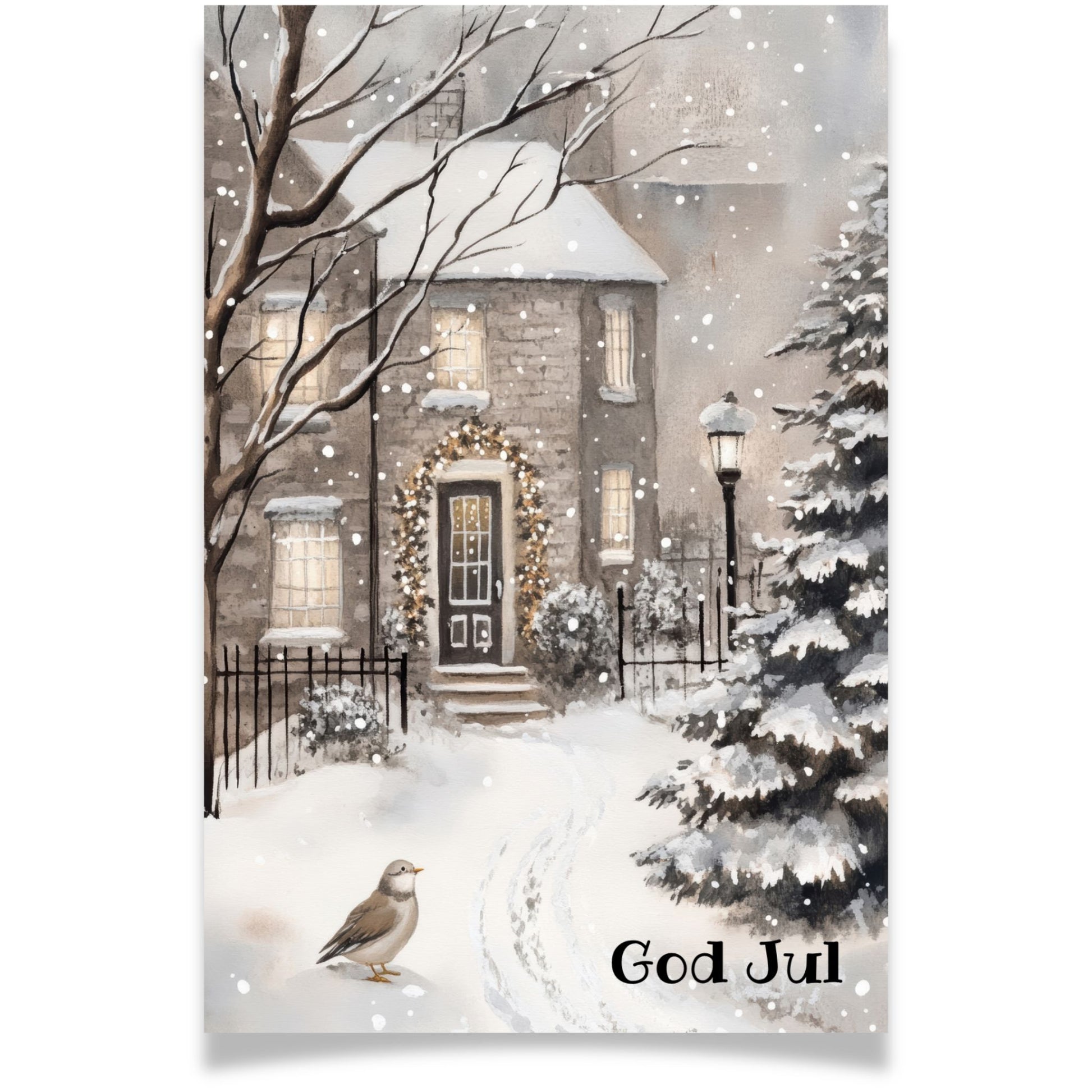 Julekort med vinterhus, snø og liten fugl ved inngangen – Cozy Winter Story Collection