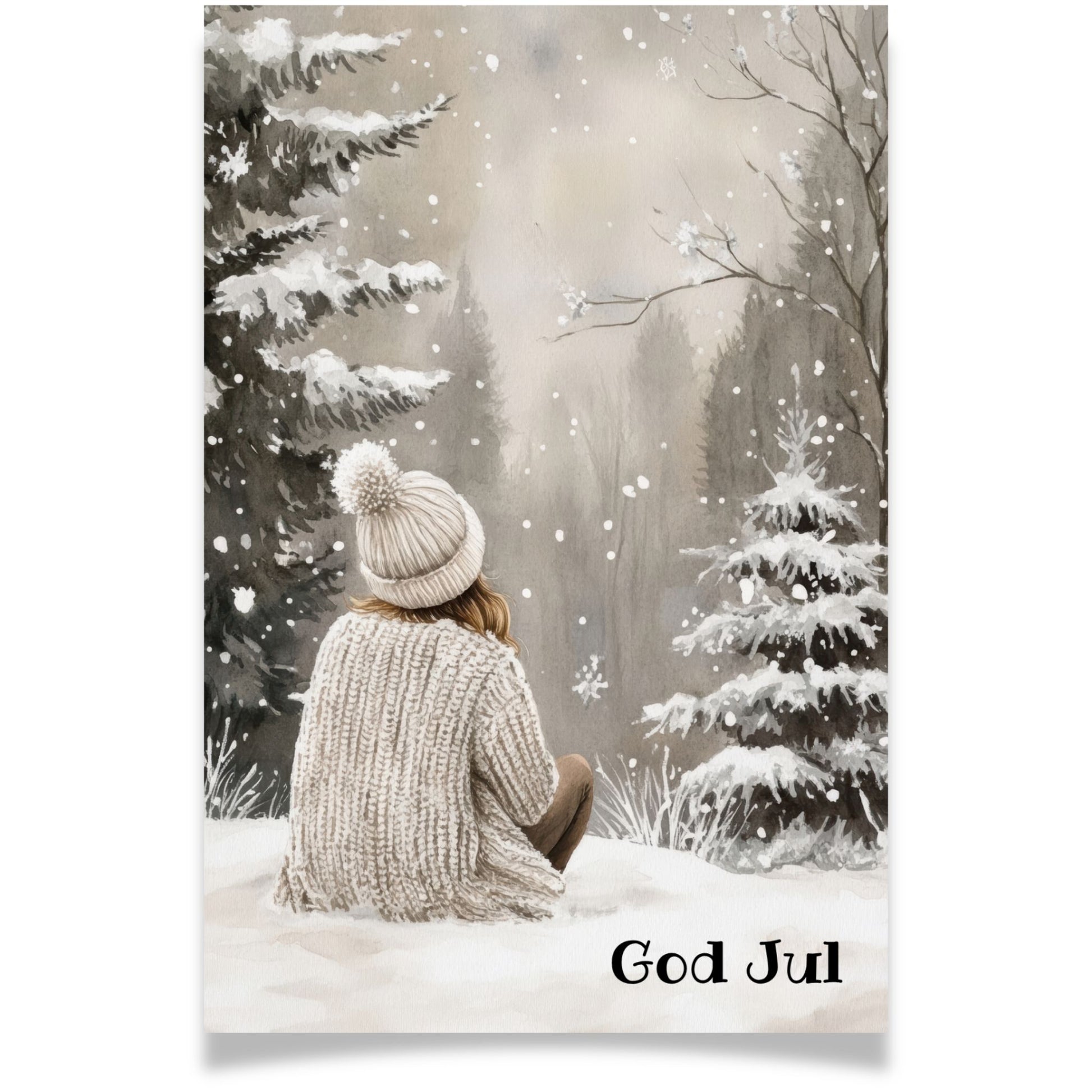 Julekort med jente i strikkelue som ser på snøfall i skogen – Cozy Winter Story Collection