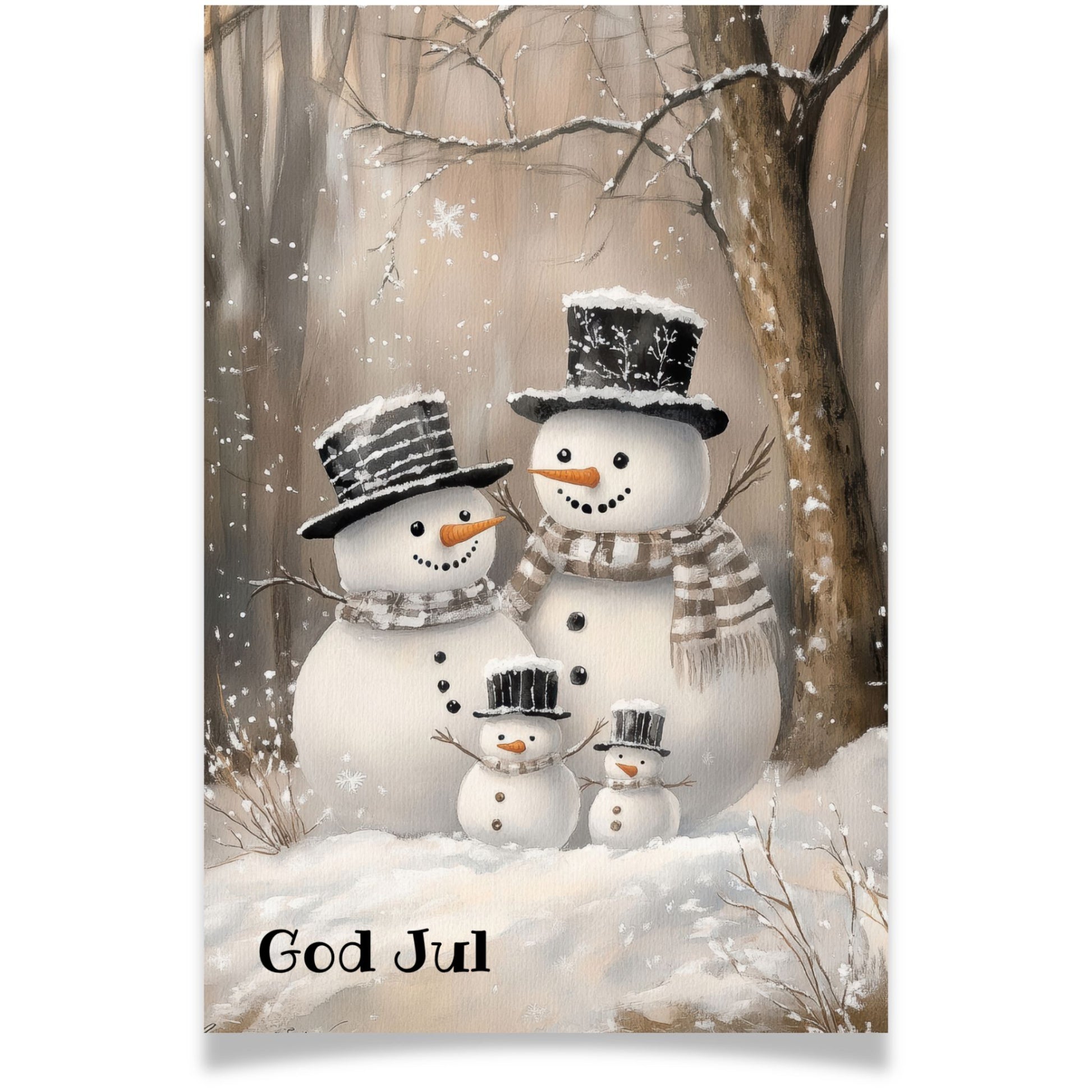 Julekort med snømenn i familie omgitt av vintertrær – Cozy Winter Story Collection