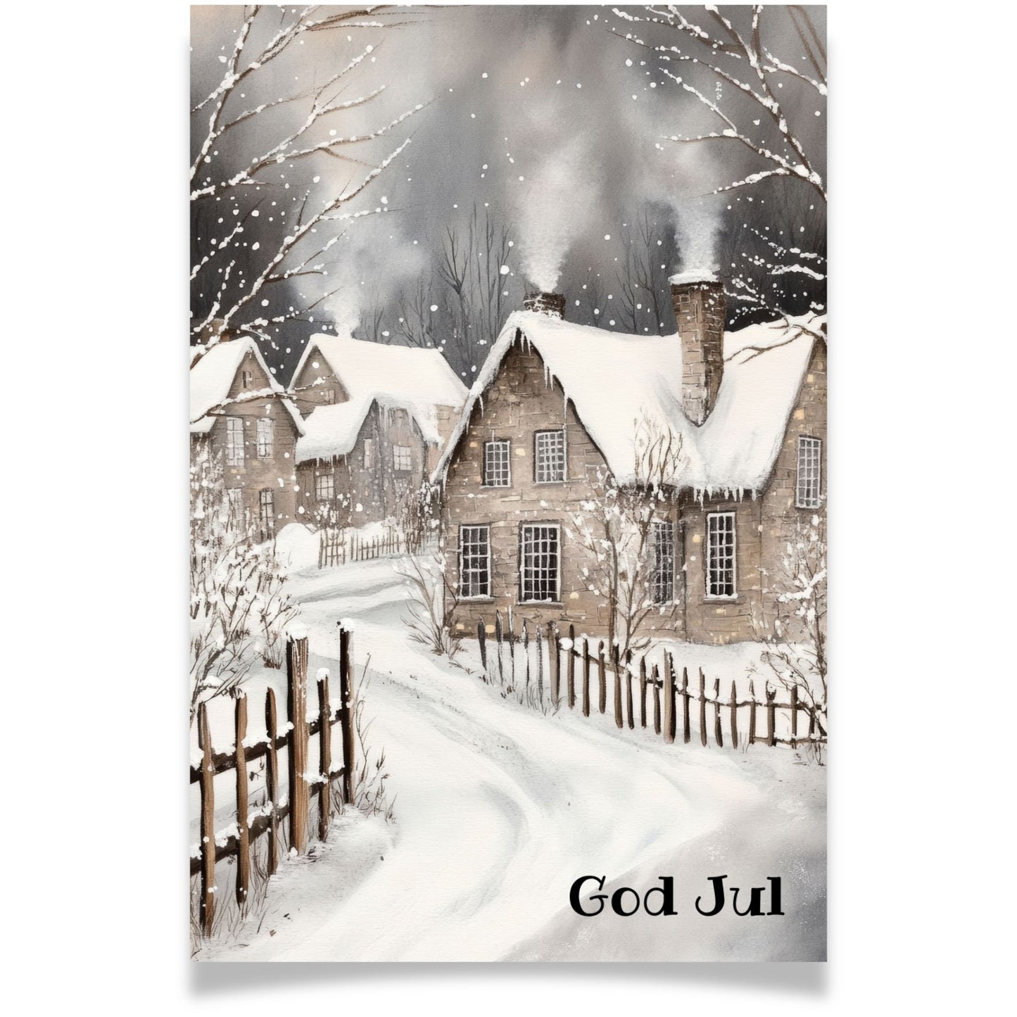 Julekort med vinterby og snødekte hus med røyk fra pipene – Cozy Winter Story Collection