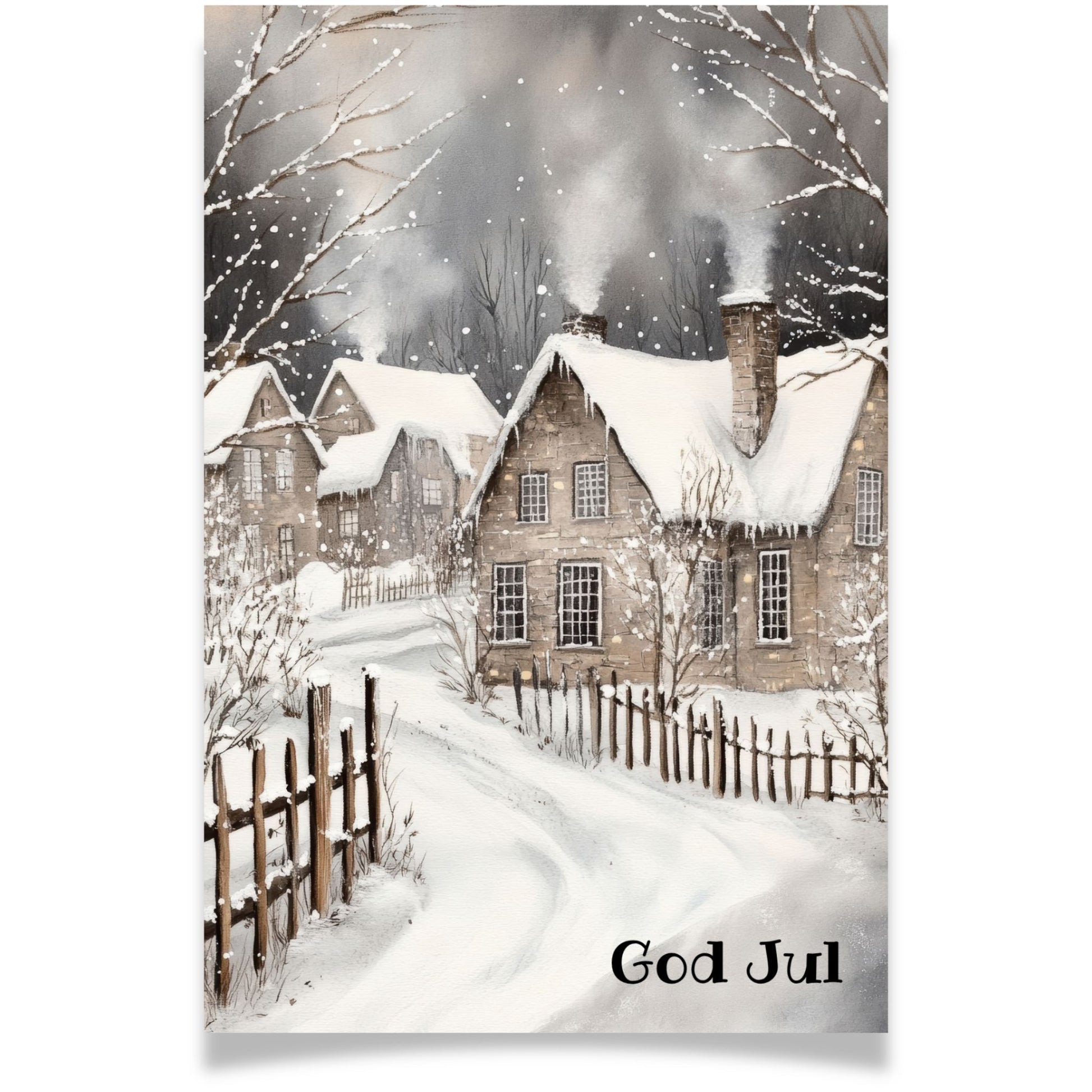 Julekort med vinterby og snødekte hus med røyk fra pipene – Cozy Winter Story Collection