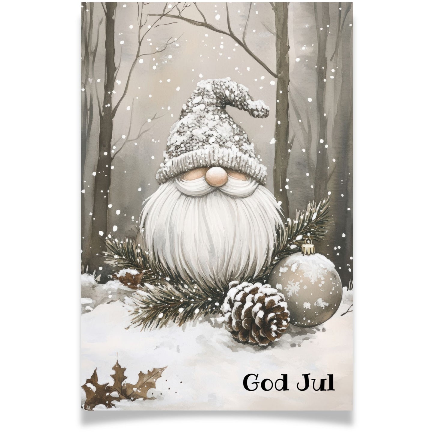 Julekort med liten nisse i grå lue og snøkledd skog – Cozy Winter Story Collection