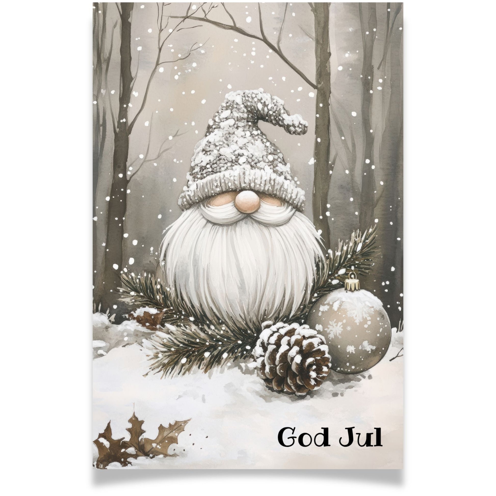 Julekort med liten nisse i grå lue og snøkledd skog – Cozy Winter Story Collection