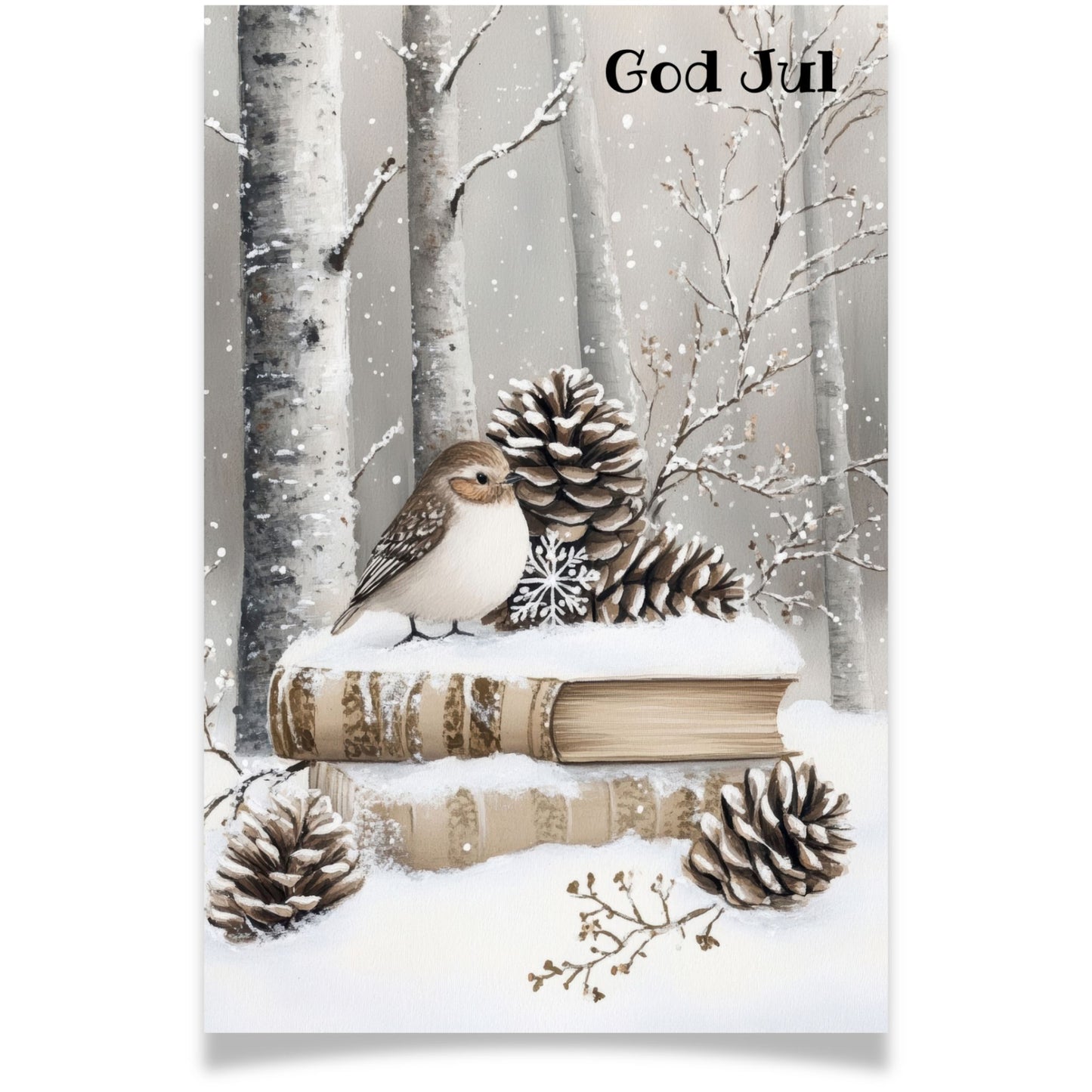 Julekort med fugl på gamle bøker og kongler i snøen – Cozy Winter Story Collection