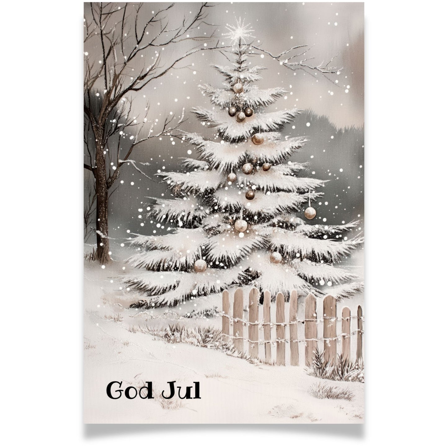 Julekort med pyntet juletre bak hvitt gjerde i vinterlandskap – Cozy Winter Story Collection