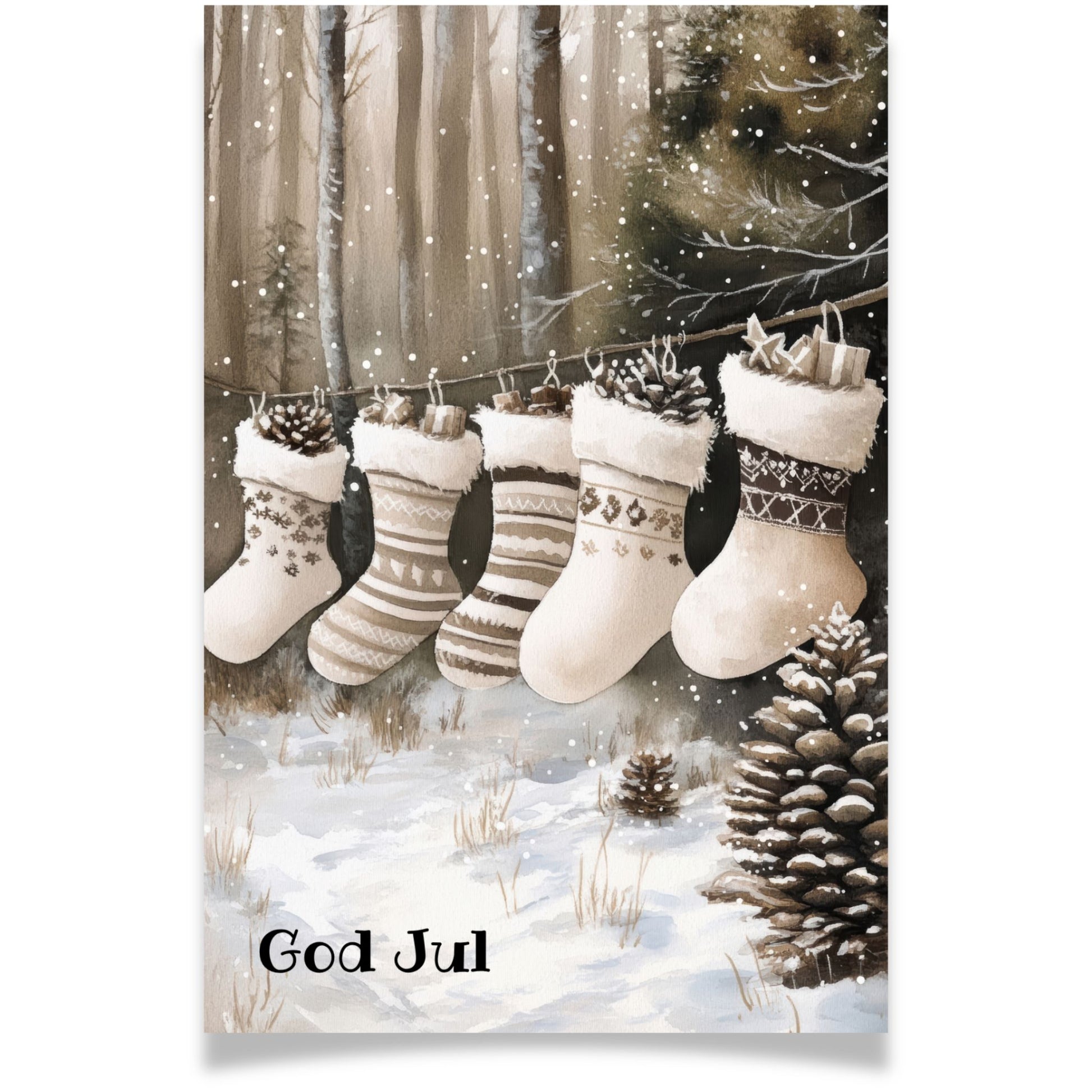 Julekort med julestrømper fylt med gaver og kongler – Cozy Winter Story Collection