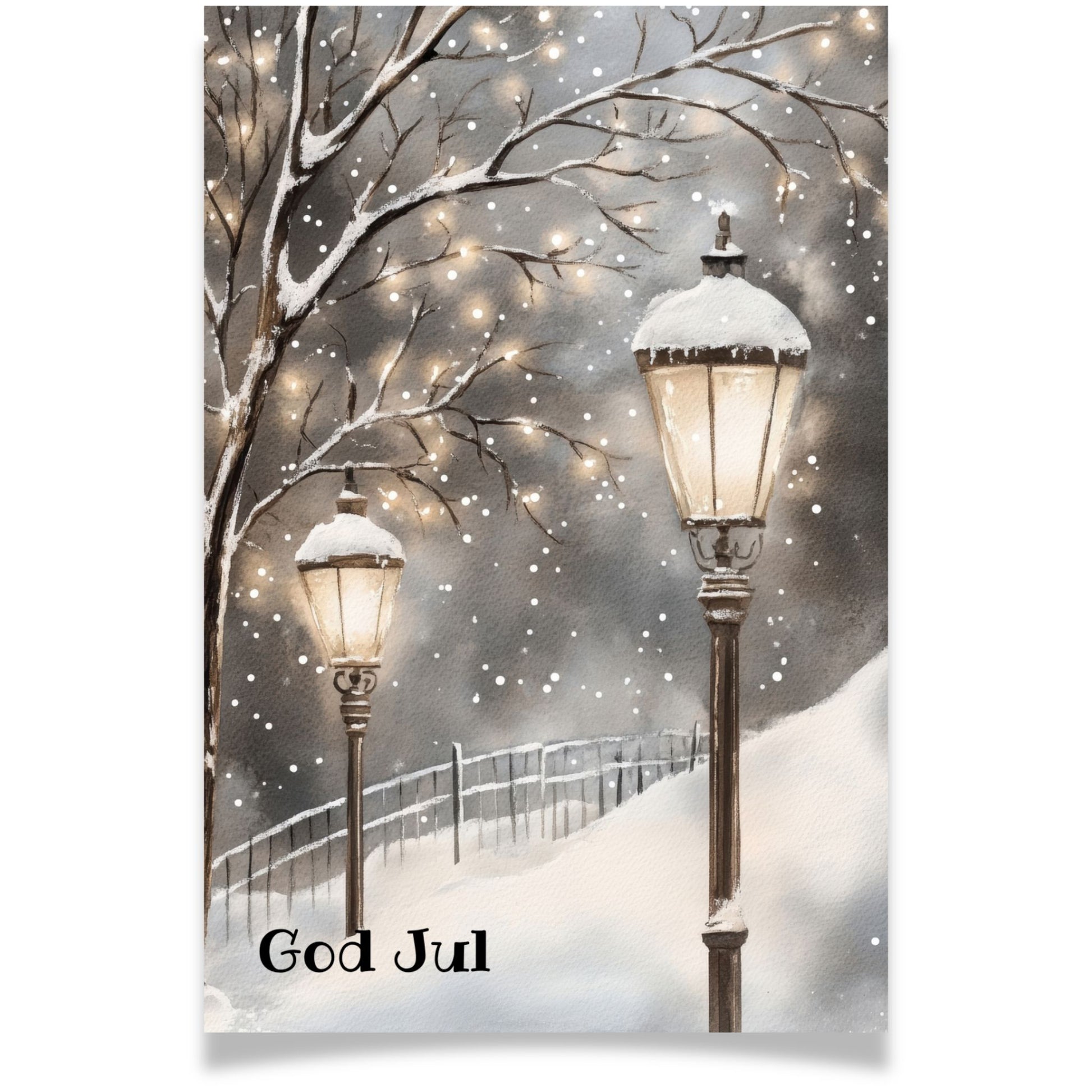 Julekort med lyktestolper og snøfall i vintergate – Cozy Winter Story Collection