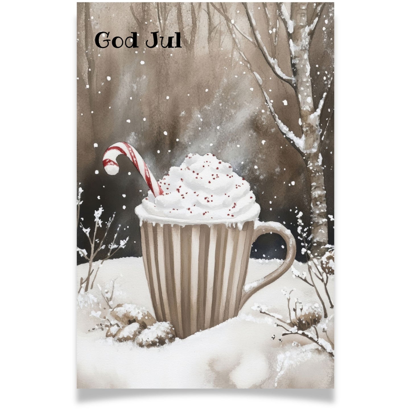 Julekort med kopp kakao med krem og sukkerstang i snø – Cozy Winter Story Collection