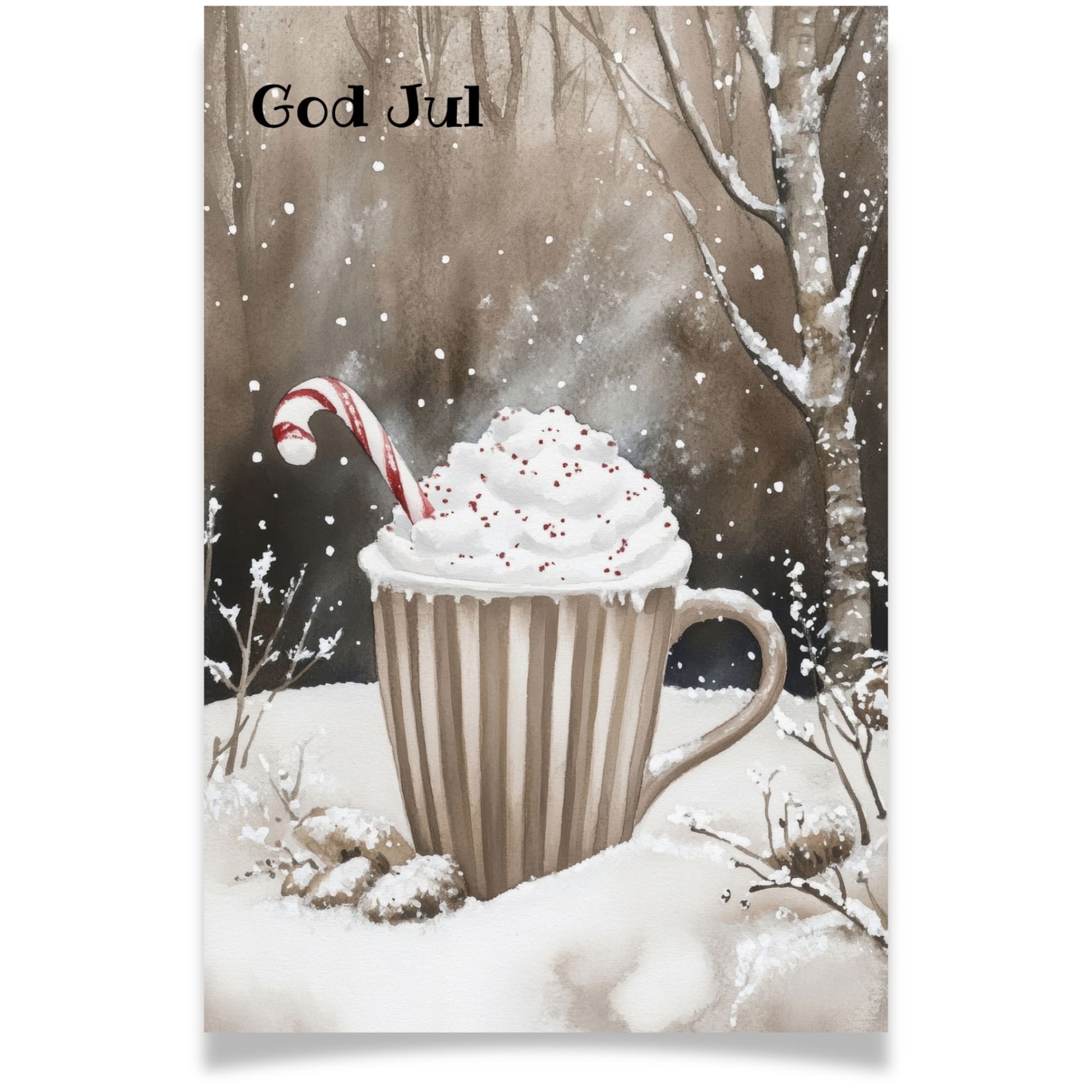Julekort med kopp kakao med krem og sukkerstang i snø – Cozy Winter Story Collection