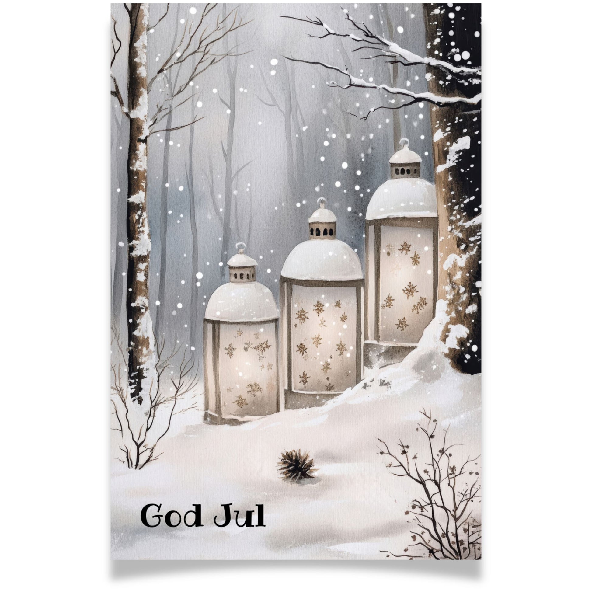 Julekort med tre lanterner som lyser i snødekt skog – Cozy Winter Story Collection