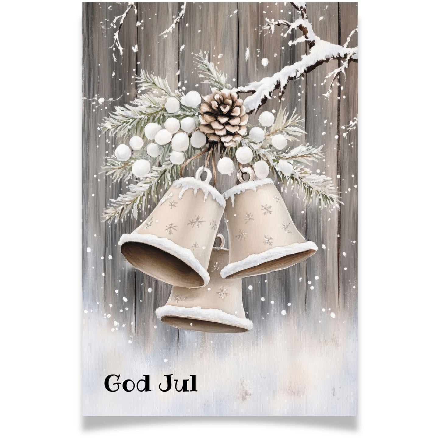 Julekort med bjeller og kongle på gren mot trevegg – Cozy Winter Story Collection