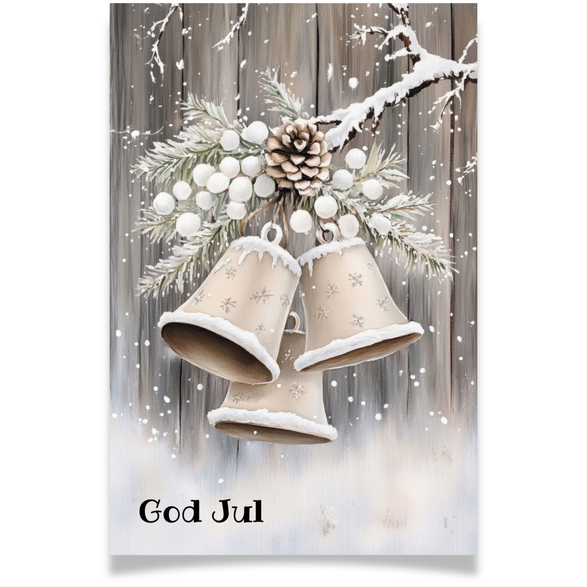 Julekort med bjeller og kongle på gren mot trevegg – Cozy Winter Story Collection
