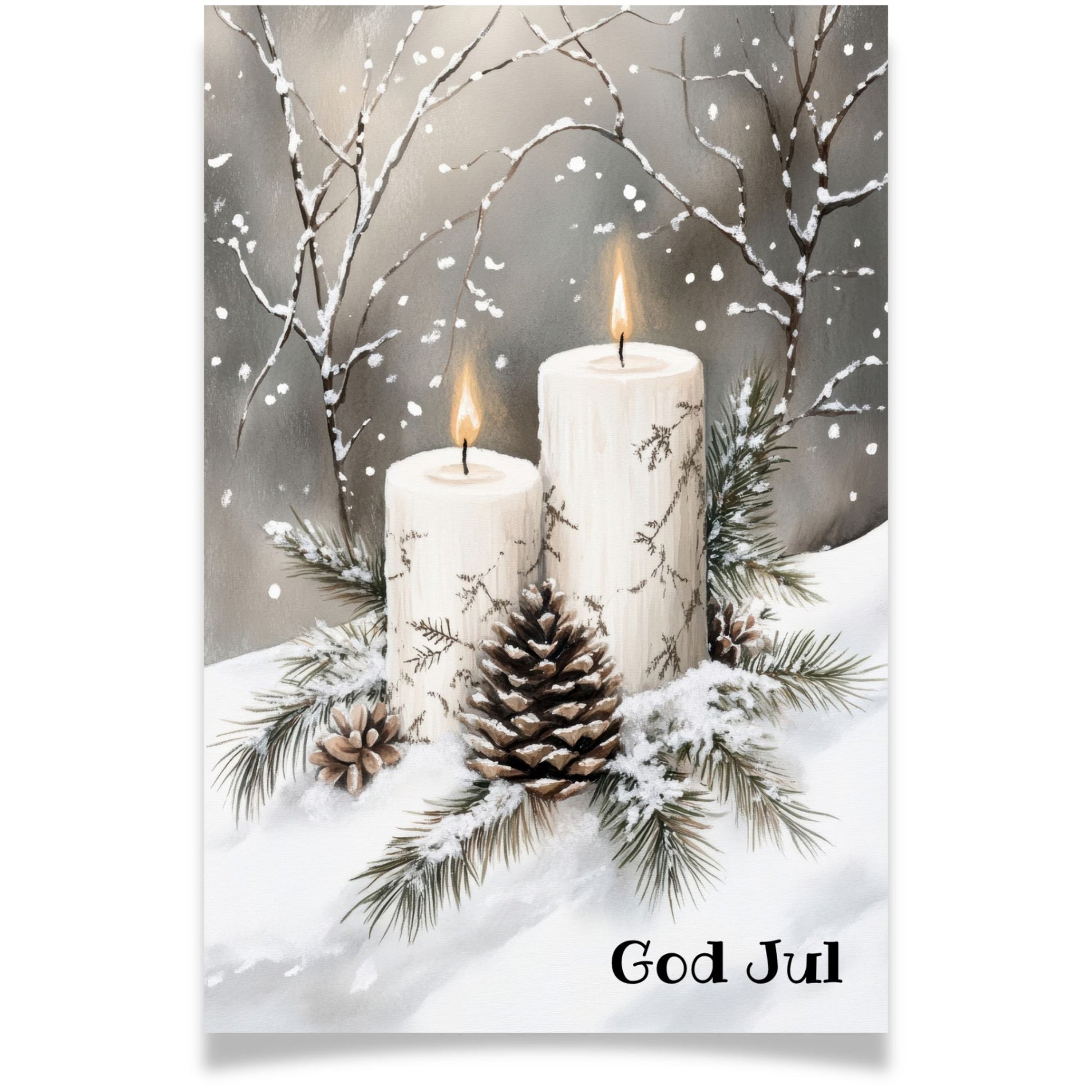 Julekort med tente lys, kongler og granbar i snø – Cozy Winter Story Collection