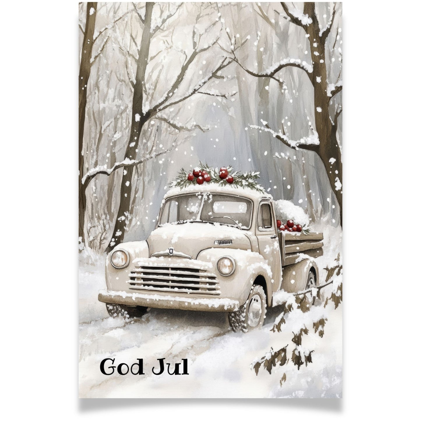 Julekort med gammel bil pyntet med julegrønt og røde bær – Cozy Winter Story Collection