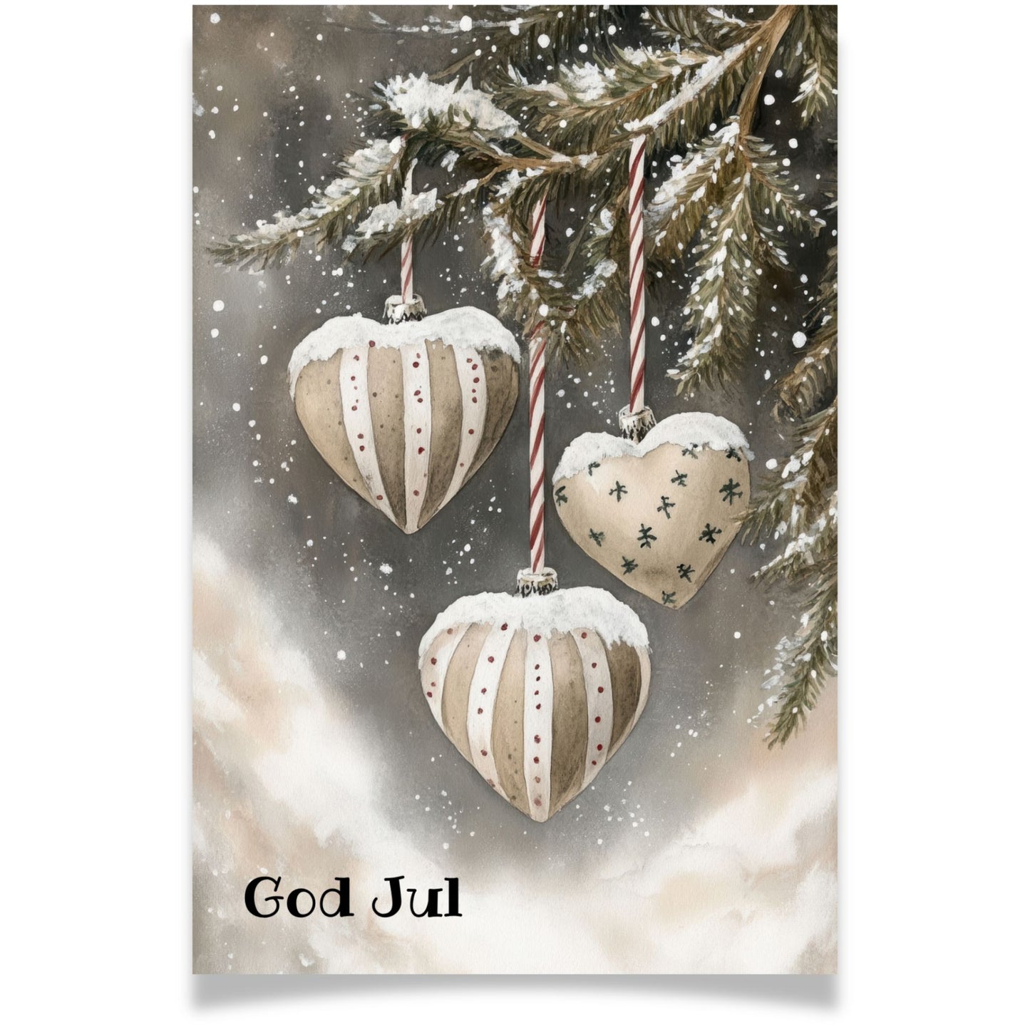 Julekort med hengende hjerter og kuler i snø – Cozy Winter Story Collection