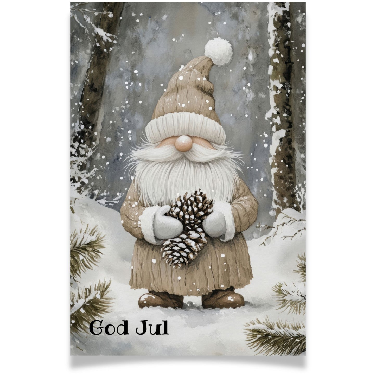 Julekort med nisse i brun drakt som holder en kongle – Cozy Winter Story Collection