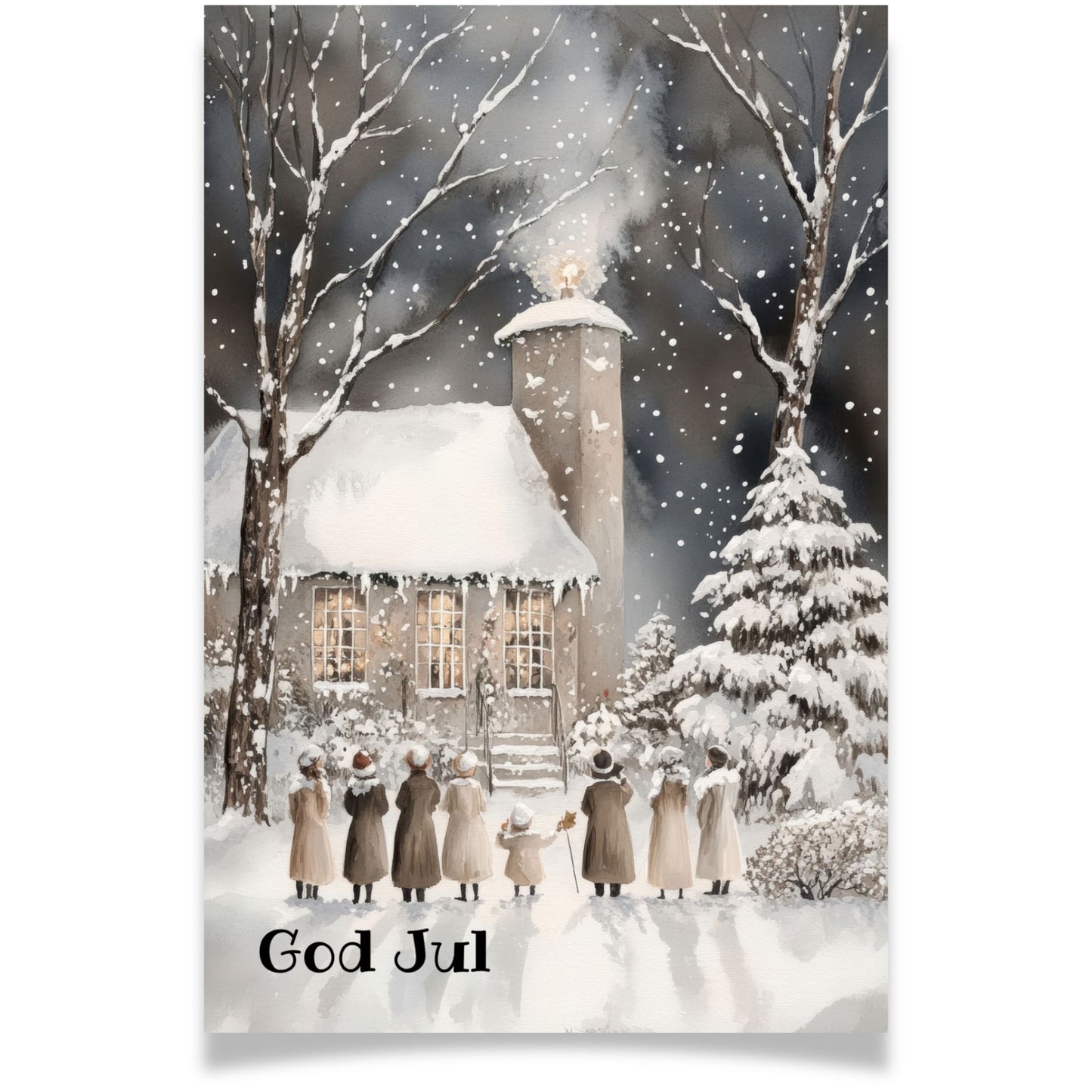Julekort med folk som synger julesanger foran kirke i snø – Cozy Winter Story Collection