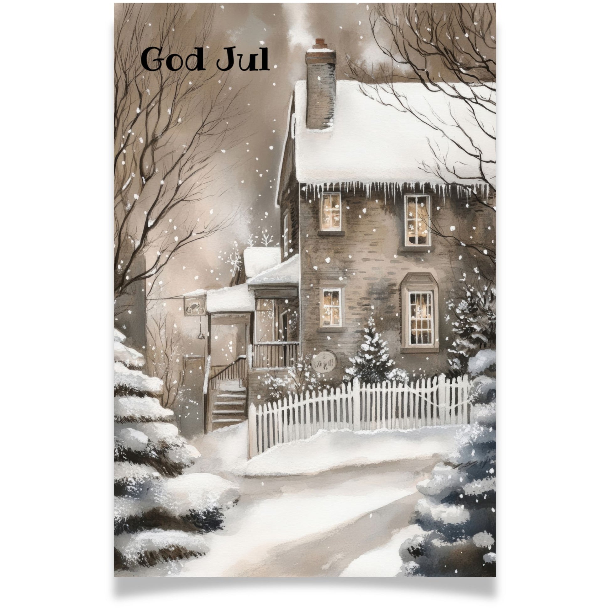 Julekort med vinterhus omgitt av snø og gjerde – Cozy Winter Story Collection