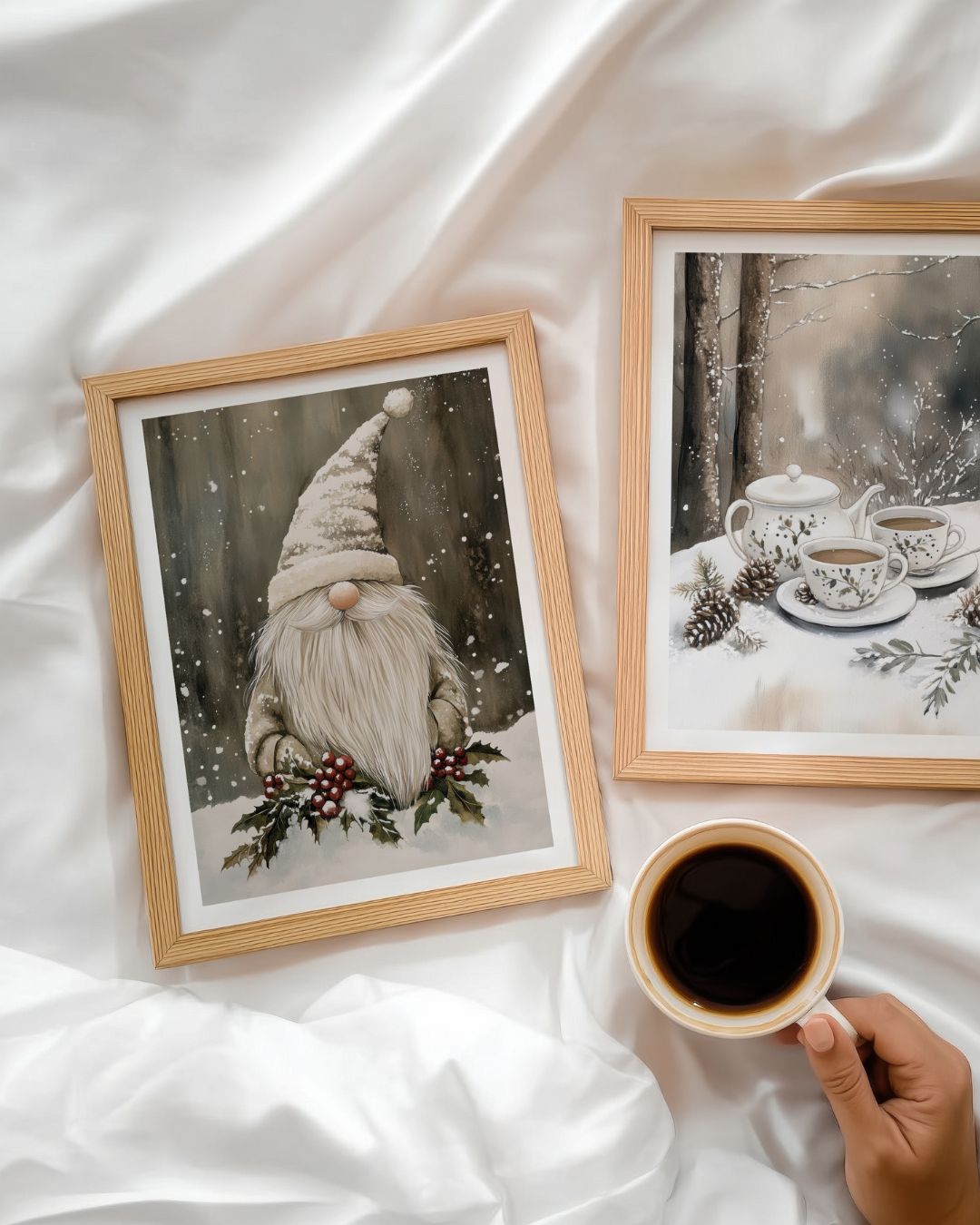 To plakater fra Cozy Winter Story Collection – nisse med kristtorn og vinterte på snødekket bord – fotografert i lyst og mykt interiør med vinterlig stemning.