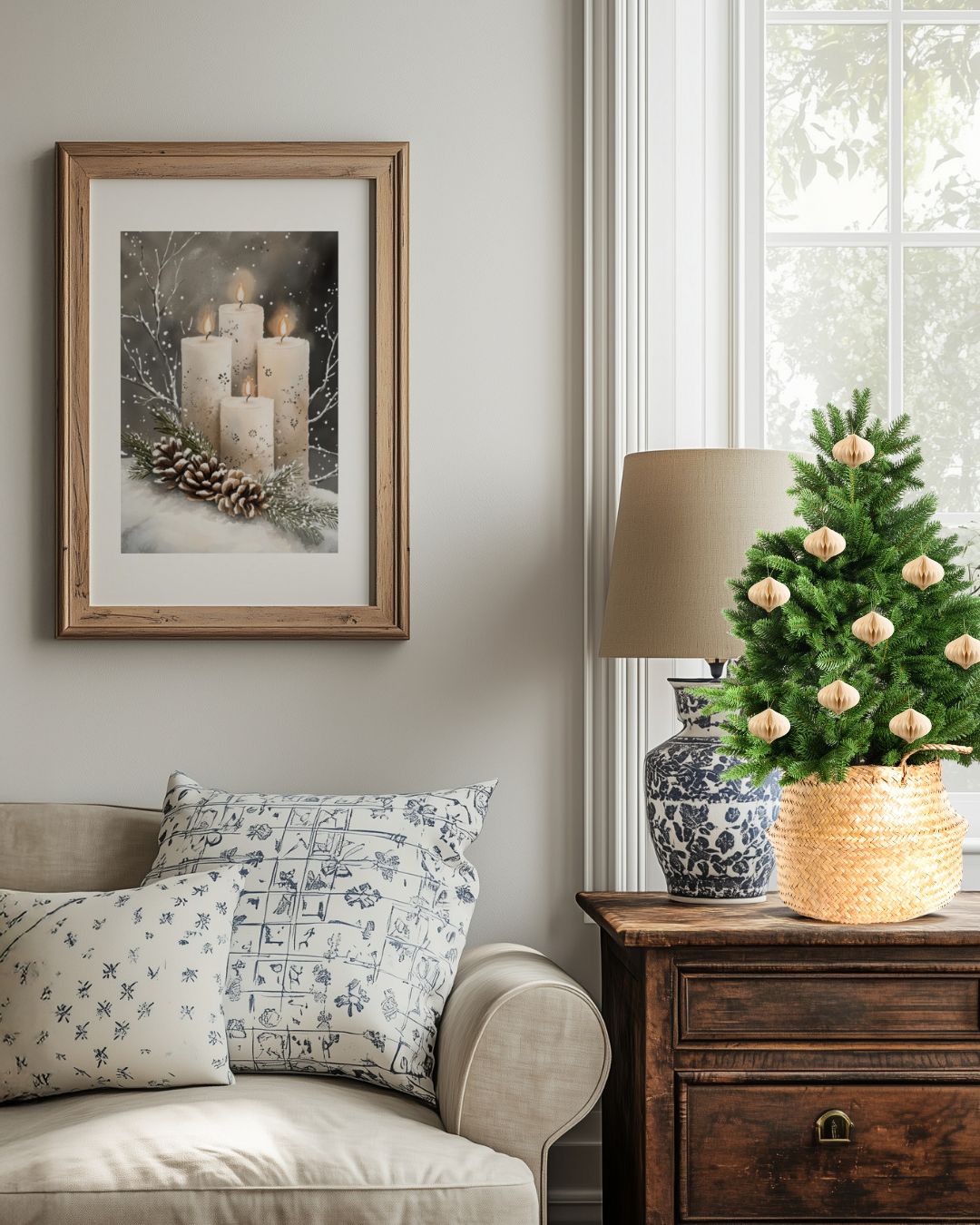 Plakat med motivet Vinterlys og kongler fra Cozy Winter Story Collection, vist i klassisk interiør med naturtoner, blått og hvitt. Et rolig vintermotiv som passer både alene og som del av galleri.