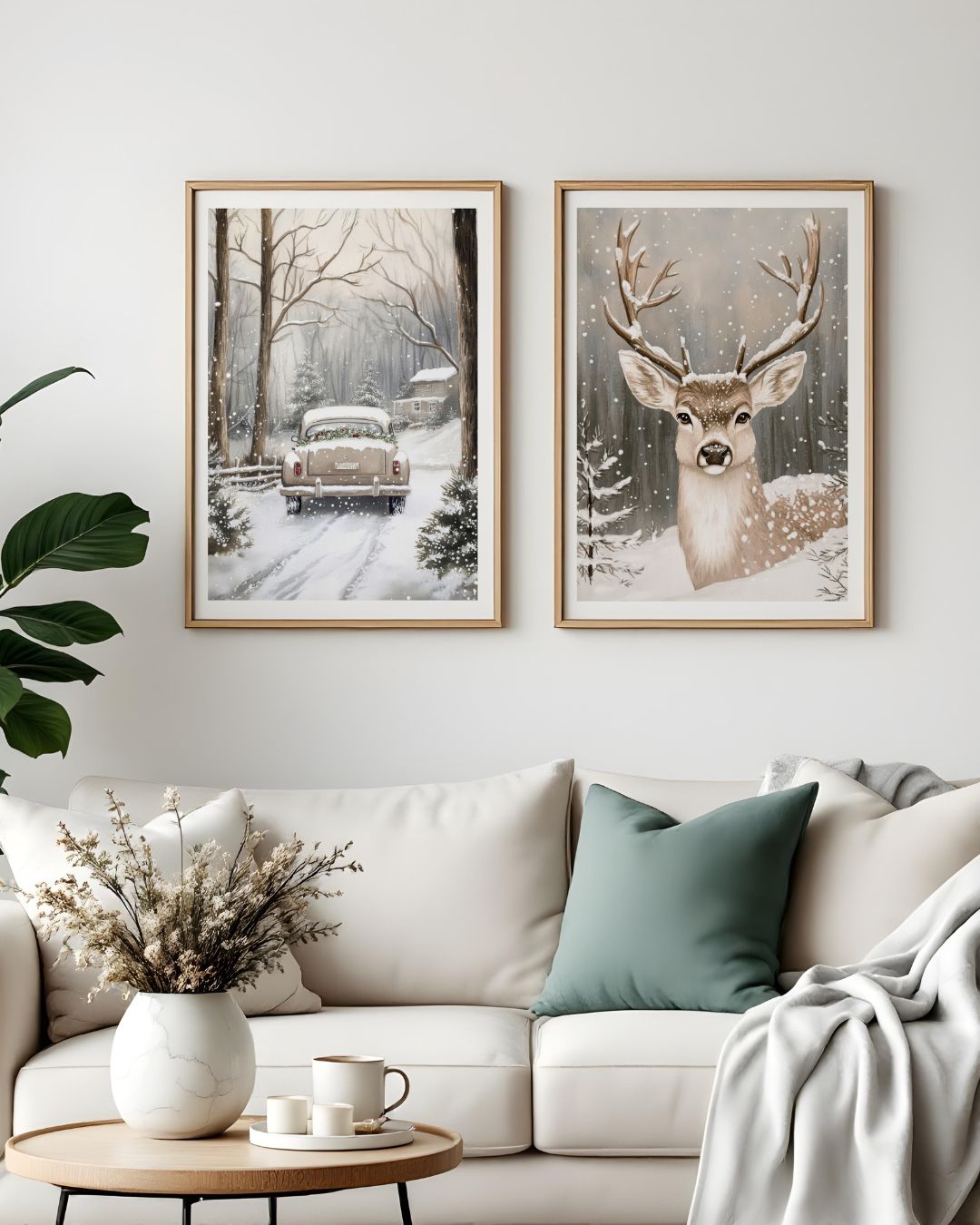 To plakater fra Cozy Winter Story Collection – klassisk bil på vintervei og hjort i vinterskog – vist sammen over sofa i lyst skandinavisk interiør.