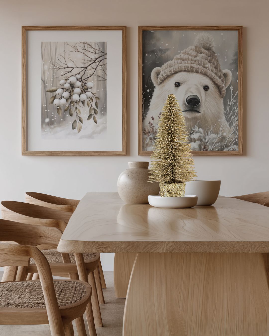 To plakater fra Cozy Winter Story Collection – isbjørn med lue og vintergrener med snøhvite bær – vist i nordisk spisestue med naturlige trematerialer.