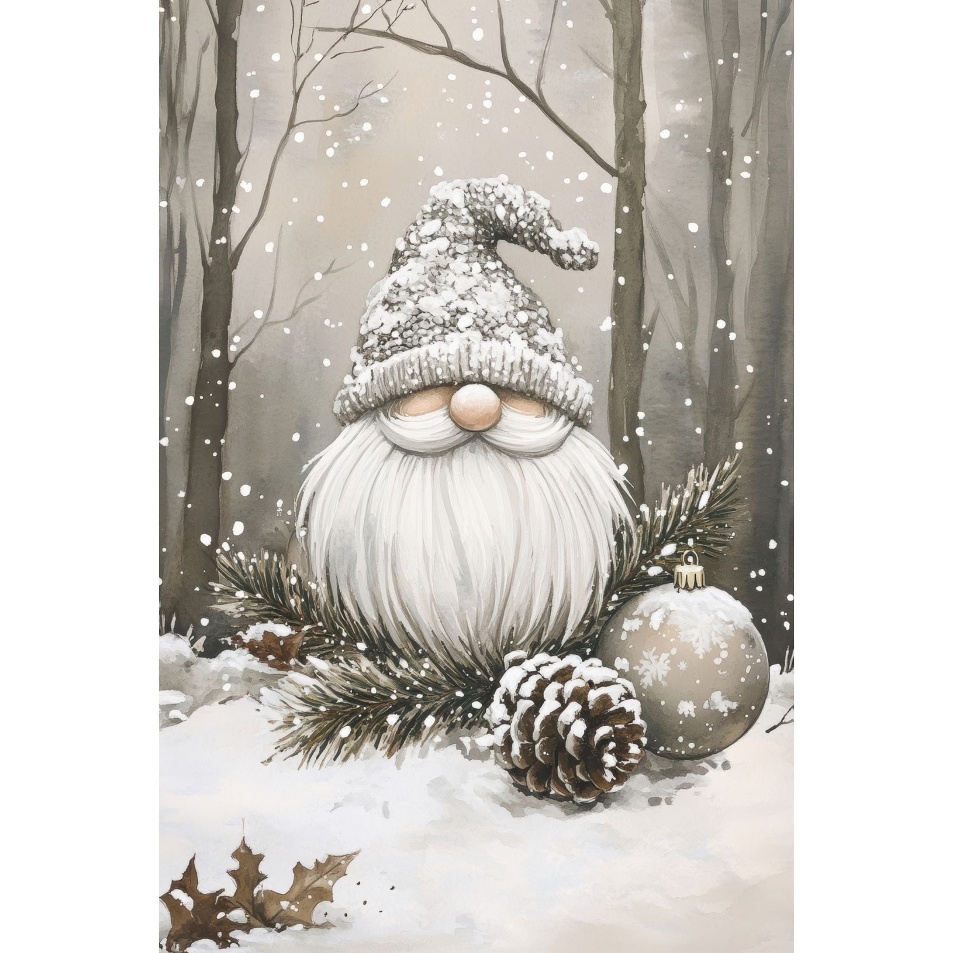 Julekort med liten nisse i grå lue og snøkledd skog – Cozy Winter Story Collection. Valgfritt med personlig hilsen.