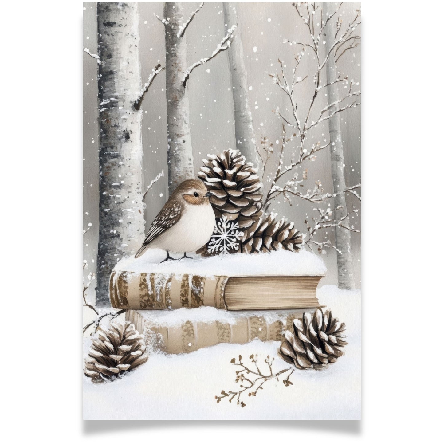 Julekort med fugl på gamle bøker og kongler i snøen – Cozy Winter Story Collection. Valgfritt med personlig hilsen.