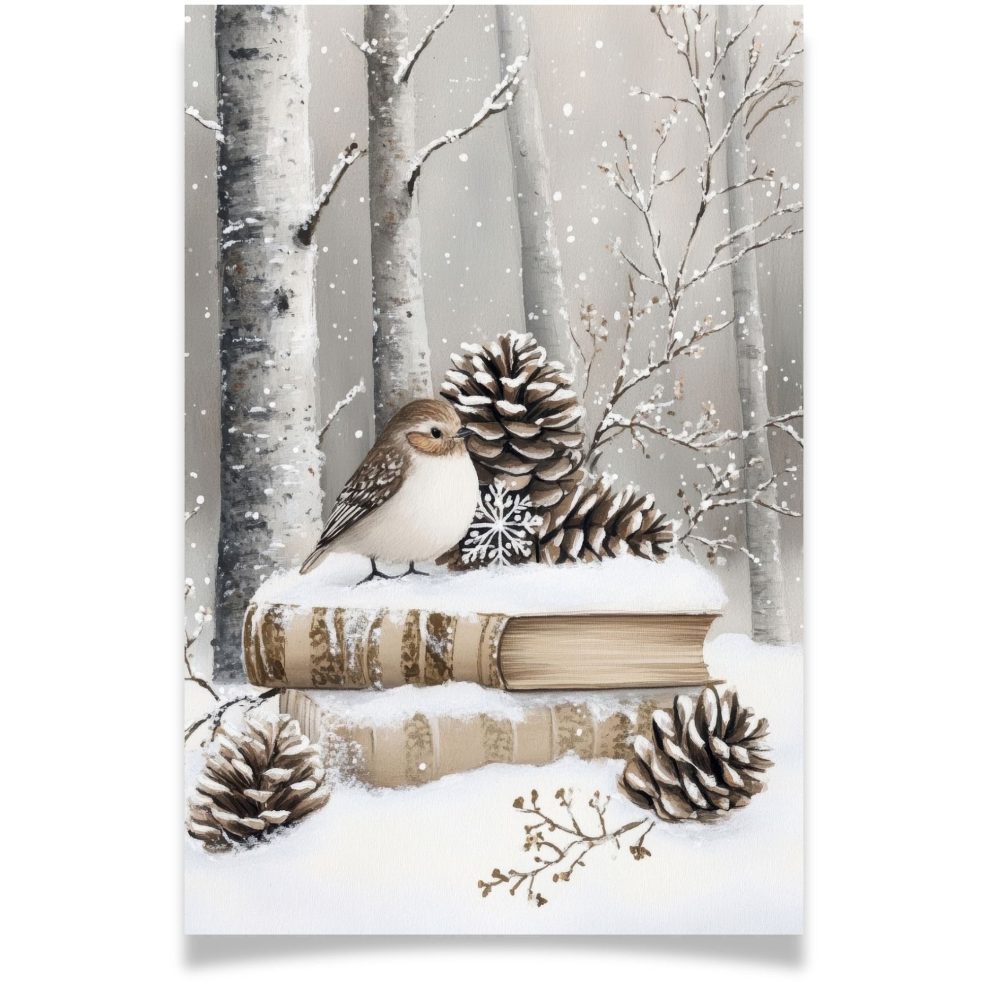 Julekort med fugl på gamle bøker og kongler i snøen – Cozy Winter Story Collection. Valgfritt med personlig hilsen.