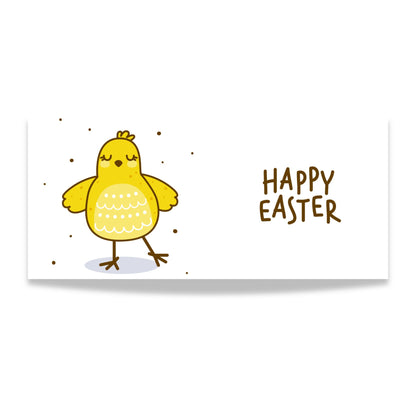 Illustrasjon av rund gul påskekylling med lukkede øyne og teksten Happy Easter på lys bakgrunn.