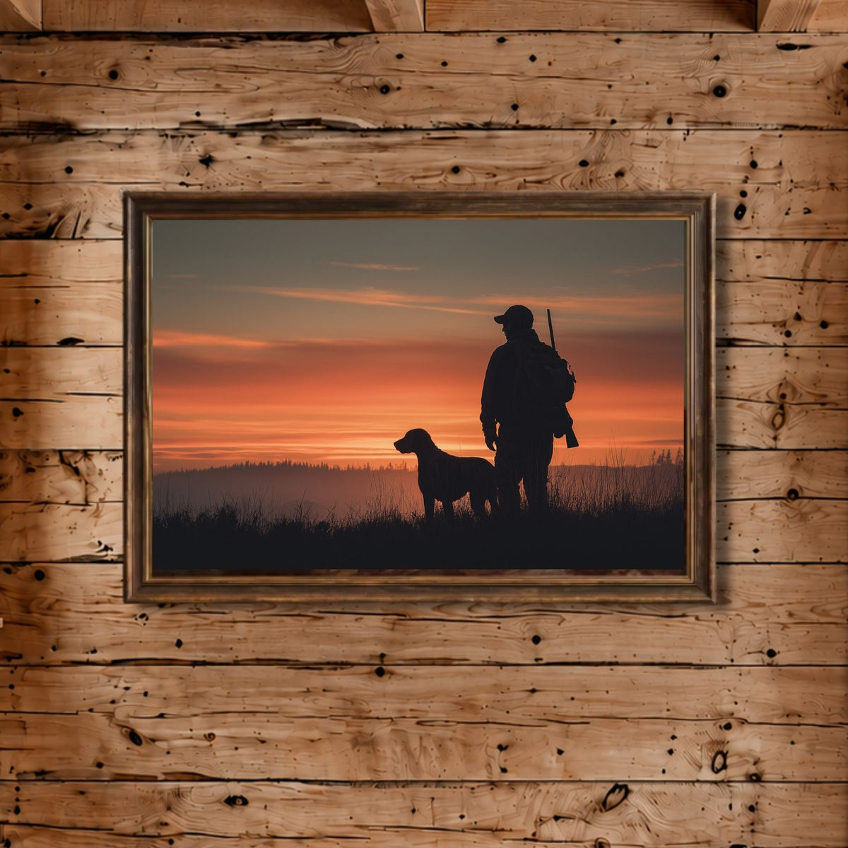 Plakat med jeger og hund på trevegg i hytte.