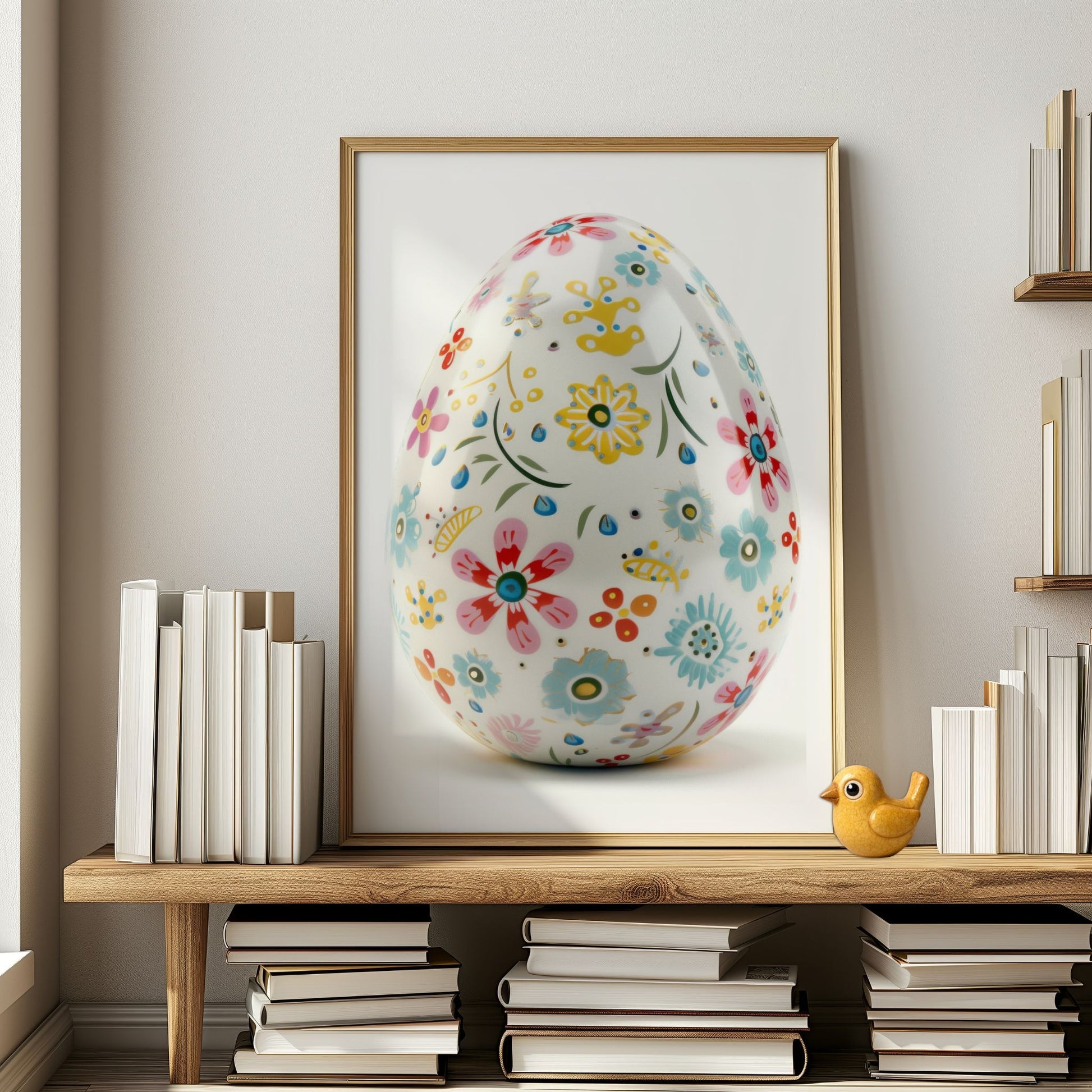 Plakat med dekorert påskeegg plassert på hylle i nordisk interiør