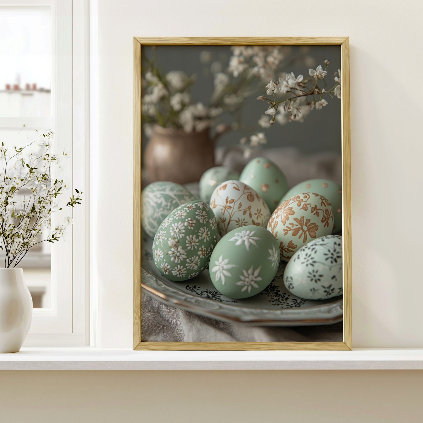 Dekorerte påskeegg plakat i gullramme på lys vegg