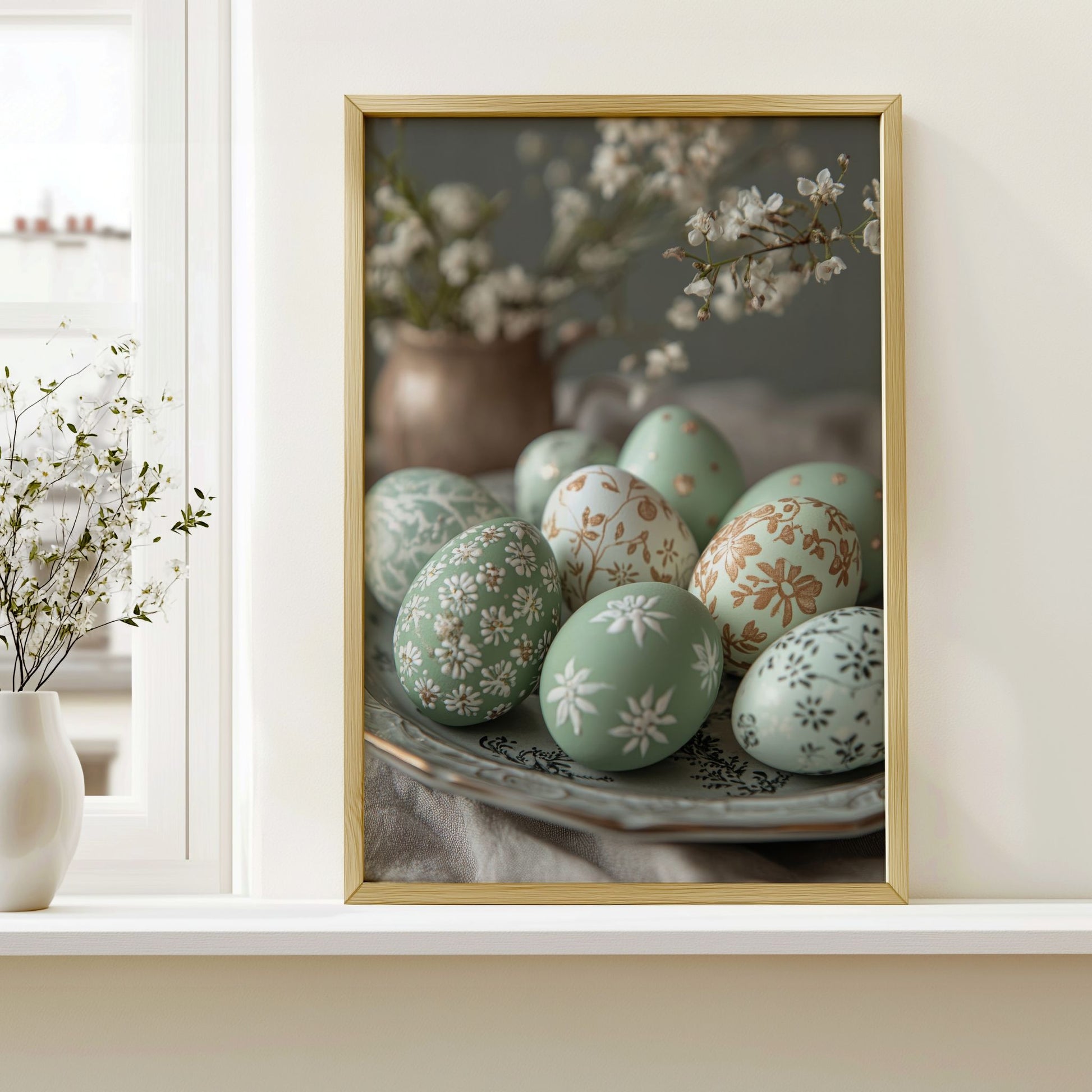 Dekorerte påskeegg plakat i gullramme på lys vegg