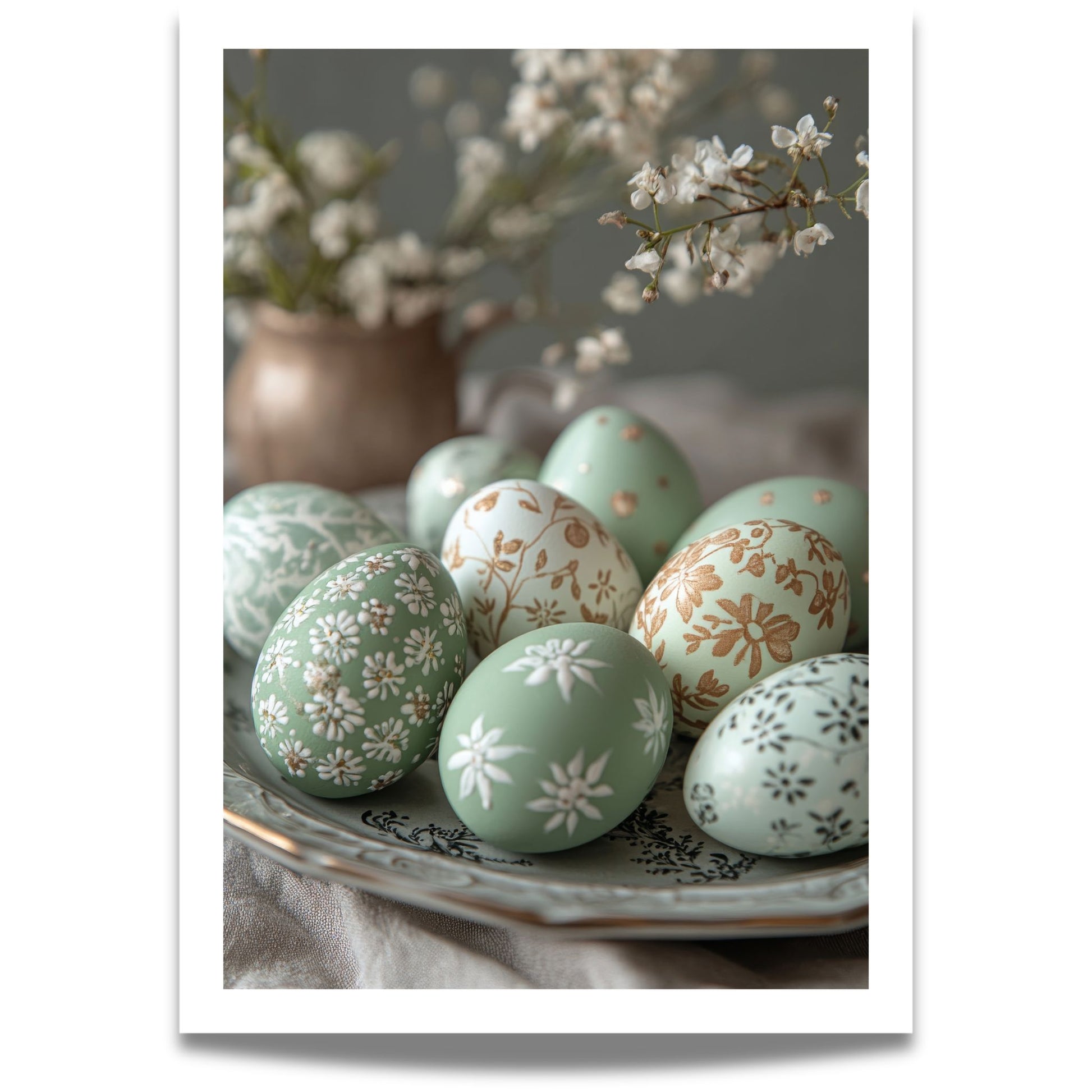 Plakat med dekorerte påskeegg i grønne toner på fat