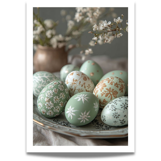Plakat med dekorerte påskeegg i grønne toner på fat