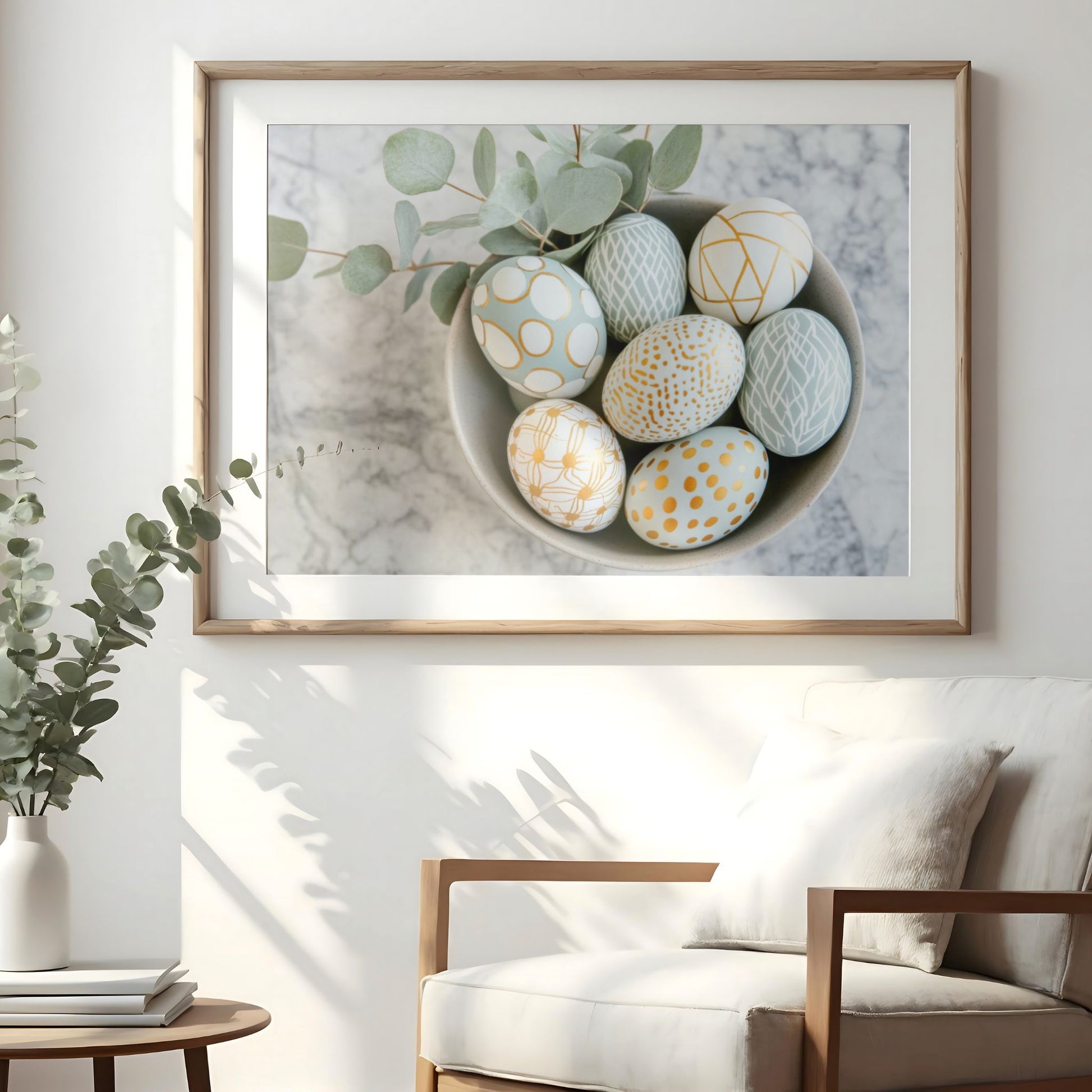 Påskeplakat med dekorative egg i skål i lyst nordisk interiør