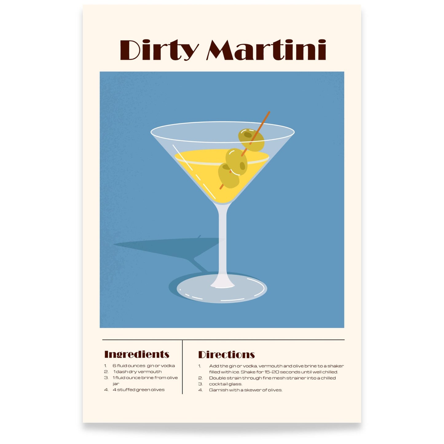 Dirty Martini cocktail plakat med oppskrift i klassisk design