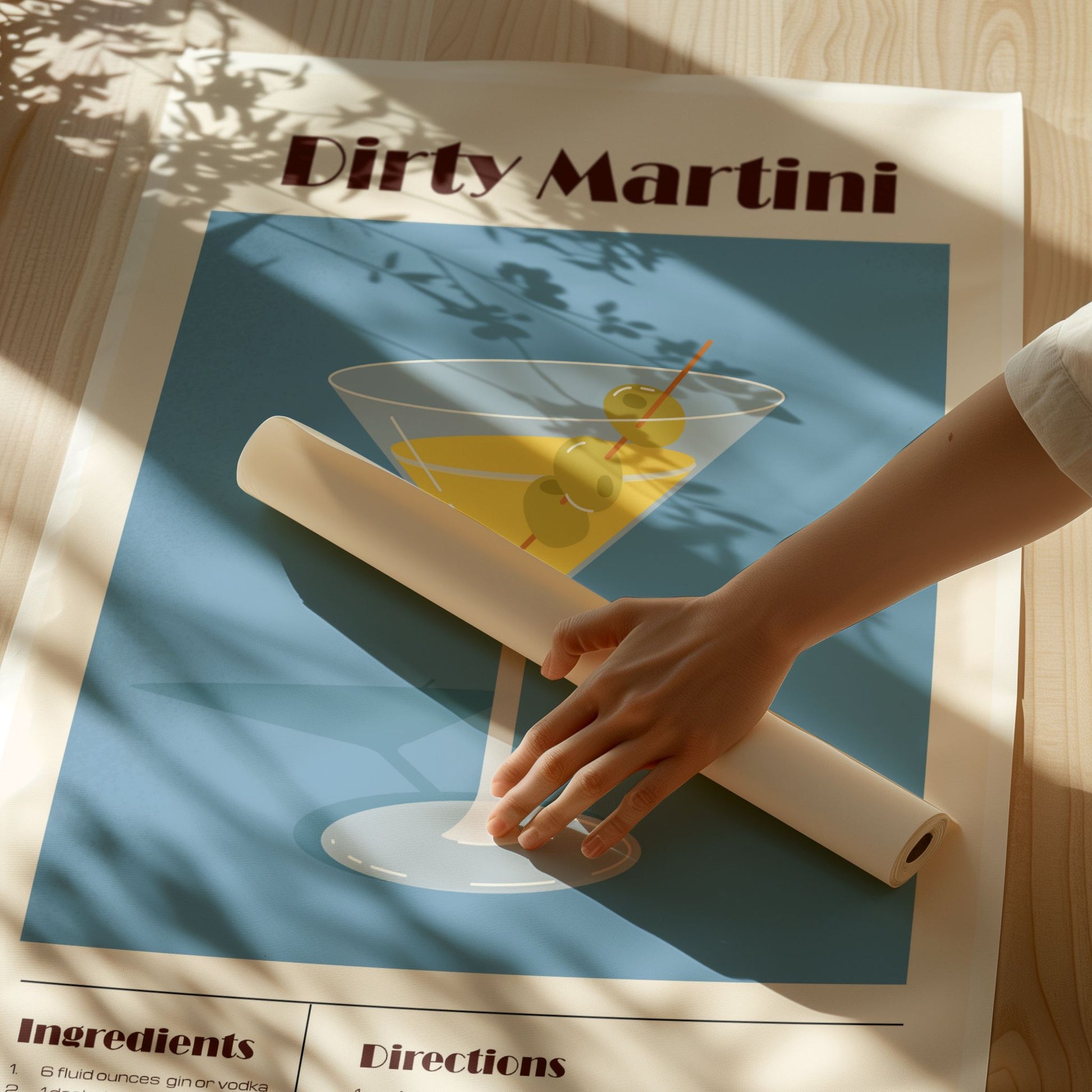 Dirty Martini plakat med oppskrift – nærbilde av trykk og papir