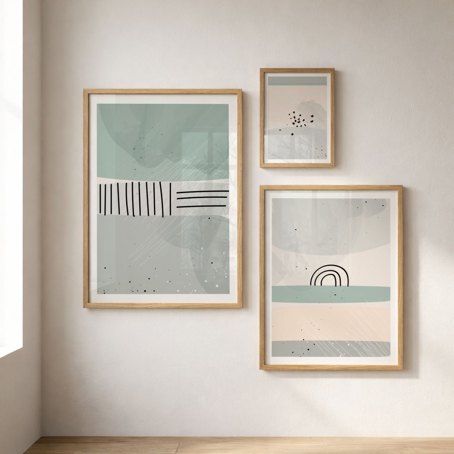 Dusty Green Collection vist som moderne asymmetrisk gallerivegg
