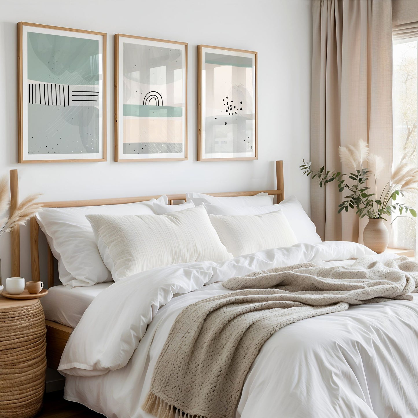 Dusty Green Collection som gallerivegg med tre minimalistiske plakater på soverom