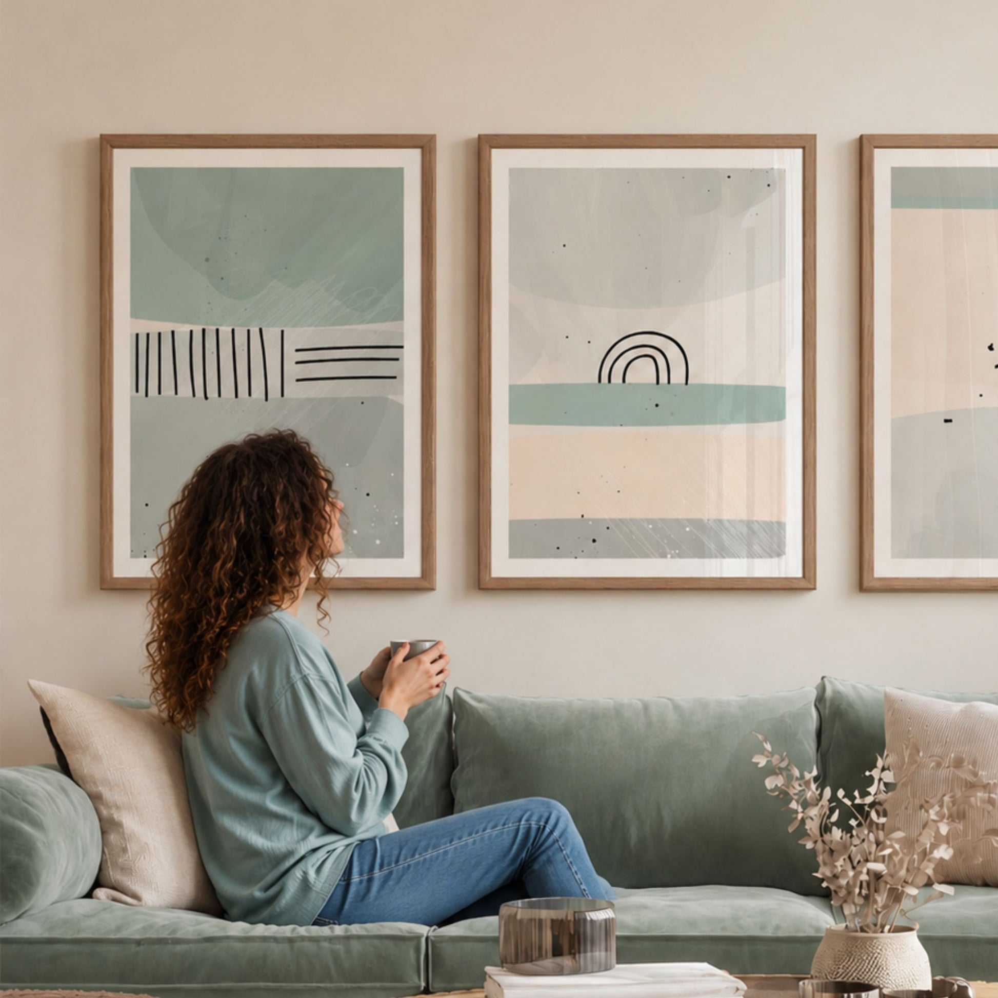 Kvinne som nyter Dusty Green Collection med tre grafiske plakater i stuen