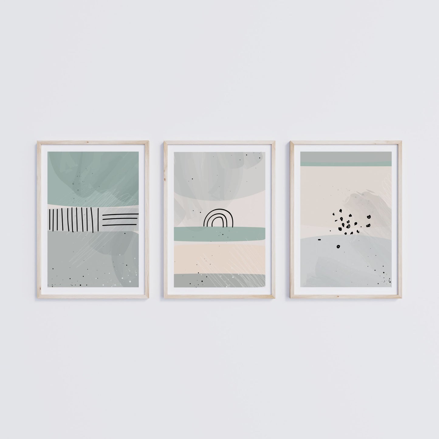 Dusty Green Collection med tre matchende grafiske plakater i skandinavisk stil